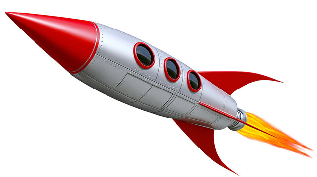 Retro silver rocket with red fins and nose cone blasting flames