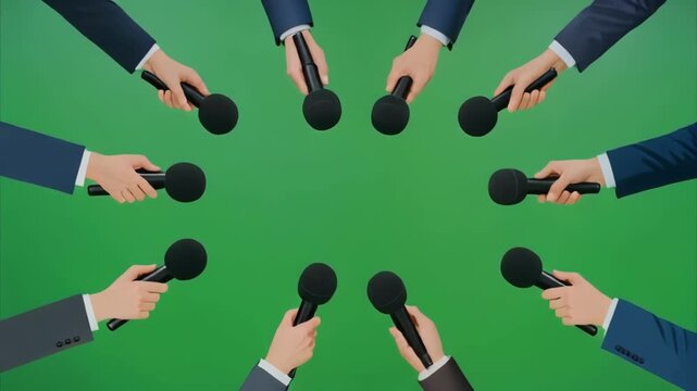 Circular arrangement of hands holding microphones against a green screen with cinematic motion