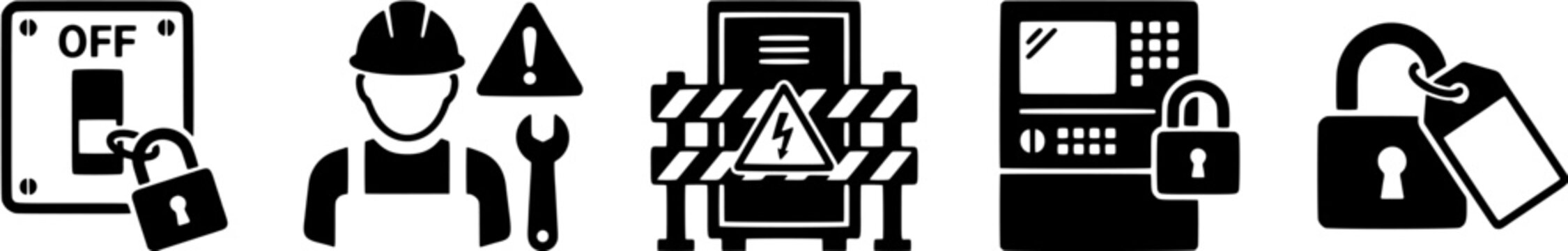 Lockout tagout icon set. Industrial safety and energy isolation symbols in solid black style.