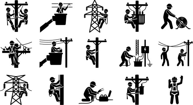 Lineman and electrician icon set. Worker silhouettes performing electrical line maintenance and utility repair. Editable vector illustration on isolated background.