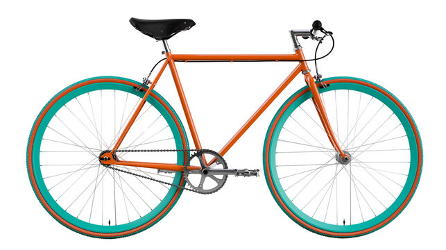 Orange fixed gear bicycle with teal rims and black saddle
