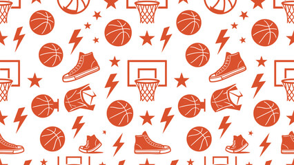 Basketball-themed seamless pattern featuring hoops, basketballs, sneakers, stars and lightning bolts. Vector EPS 10. © Dijee Art