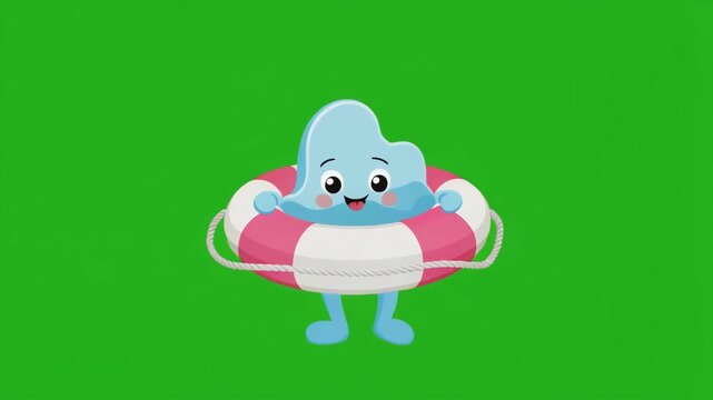 Cute cartoon dolphin with life preserver walking on green screen background for animation