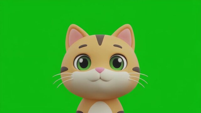 Cute cartoon ginger cat head with big eyes on green screen background during playful animation