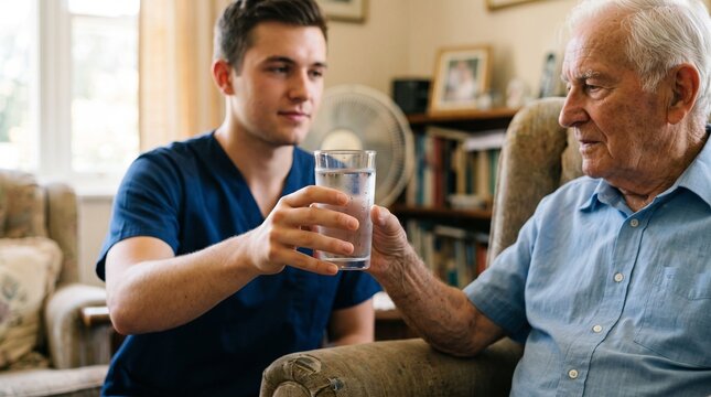 male caregiver giving a glass of cold water to an elderly man at home. Summer heatwave and senior dehydration prevention concept