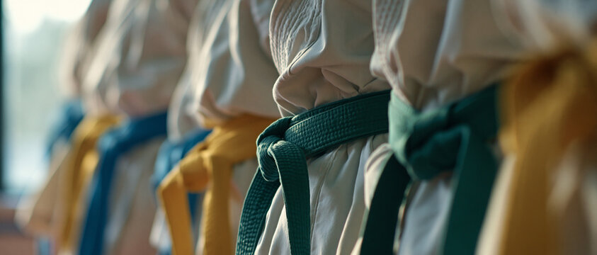 Close-up of colorful martial arts belts tied on white uniforms in a row. Karate, taekwondo or judo training class concept with selective focus, wide banner