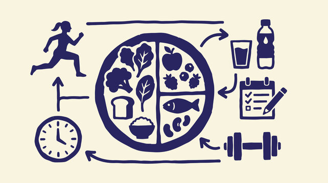 Healthy lifestyle diagram with nutrition exercise water hydration and daily scheduling.