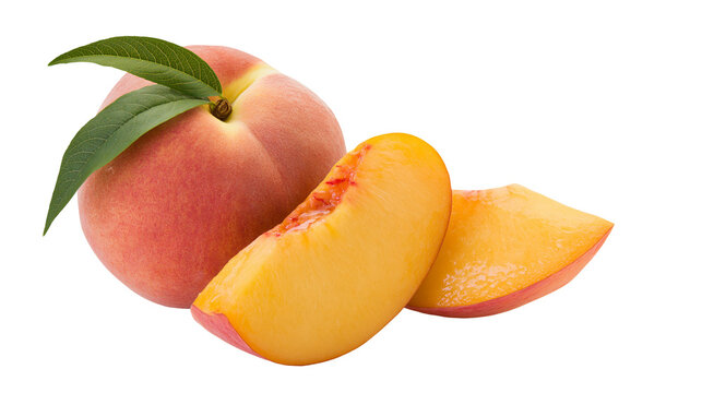 Ripe peach with two slices and green leaves