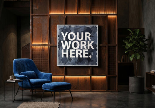 Square Poster Mockup in white frame on metal rust wall with ambient led light