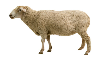 Sheep with thick wool standing profile view © Paula