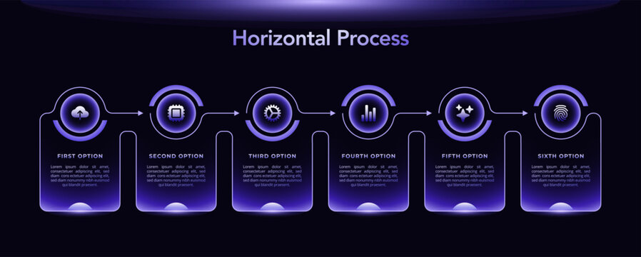 Progress bar with 6 Arrows behind translucent rectangular elements placed in horizontal row. Concept of Six steps to business success. Minimal infographic design template. Darker vector illustration.