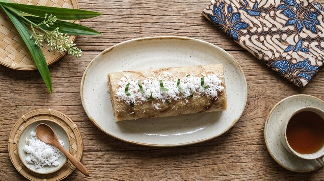 A whole traditional Indonesian getuk gulung sweet cassava roll cake topped with fresh shredded coconut, served on an oval ceramic plate with hot tea and a batik napkin.