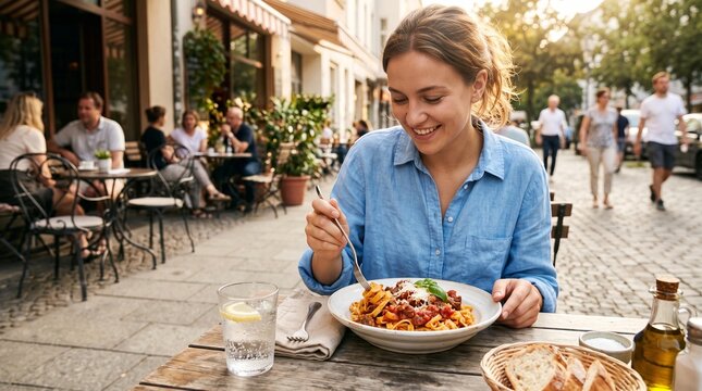 Smiling woman serving homemade pizza outdoors in cafe.