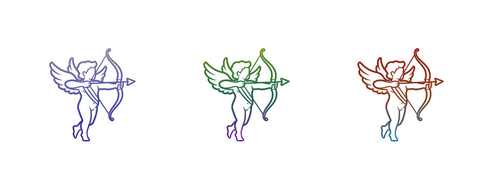 Three colorful cupid icons with bow and arrow for valentines