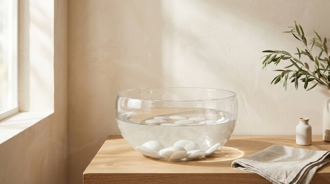 Clear glass bowl filled with water white stones on wooden table near window with plant showing spa wellness minimal interior purity calm balance natural home decor zen simplicity wellness