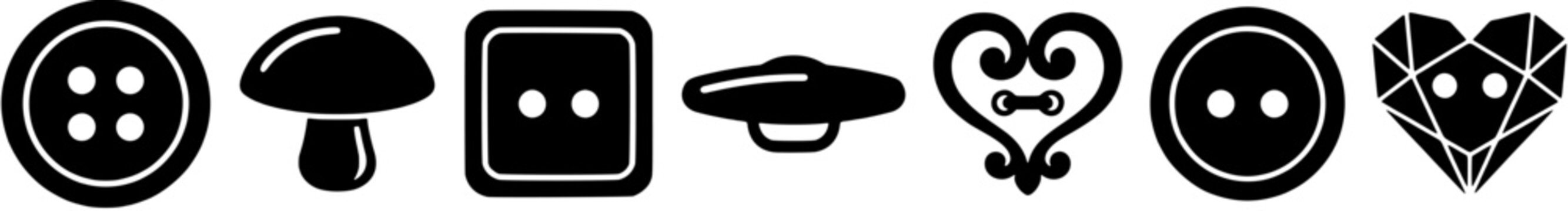 Clothing button icon set. Various sewing fastener shapes in solid black silhouette style.