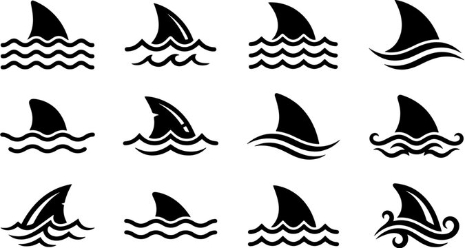Shark fin icon set. Black silhouette symbols on ocean waves in various styles. Editable vector illustration on white background.