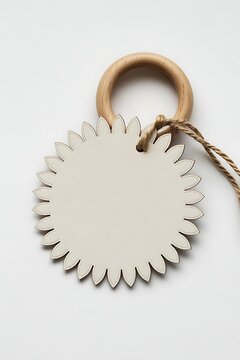 Blank flower shaped gift tag with wooden ring and string isolated on white background