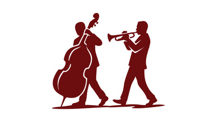 Jazz Musicians Silhouette: Trumpet Player and Upright Bassist Performing Together. Red Vector Illustration EPS 10. © Dijee Art