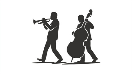 Two Silhouetted Musicians Playing Trumpet and Double Bass. Vector EPS 10. © Dijee Art