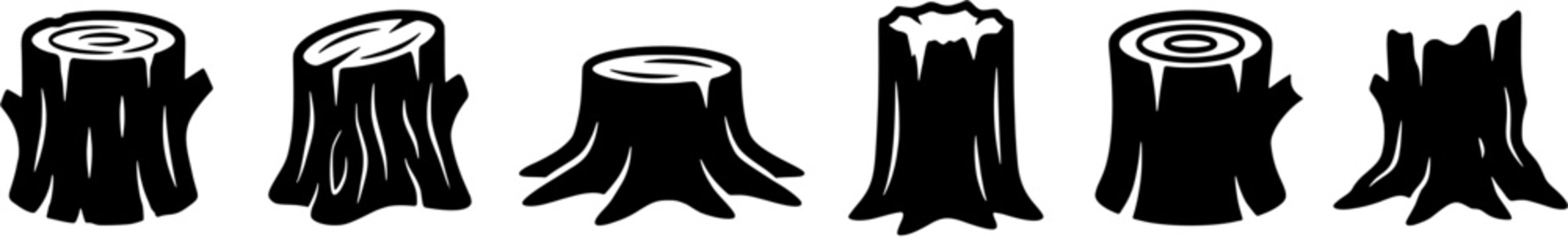 Tree stump icon set. Collection of wooden log symbols in flat black silhouette style.