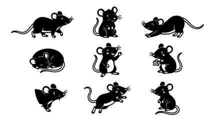 Naklejka premium Rats in Various Poses and Styles Arranged in a Grid Pattern Featuring Rat, Animal, Rodent with Black and Silhouette Elements