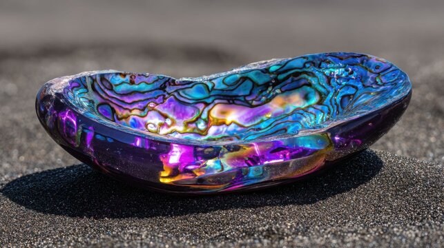 Polished Abalone Shell with Vibrant Iridescent Patterns on Sandy Beach