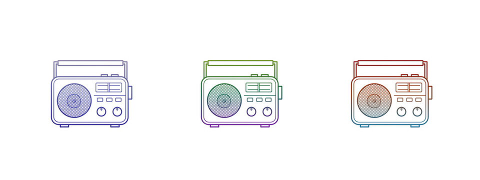 Three colorful vintage radio icons in line art style