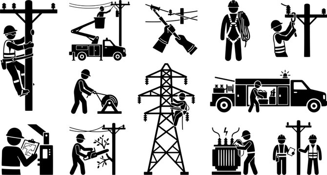 Lineman and electrician icon set. Technical vector illustration featuring repair work on power lines and electricity infrastructure.
