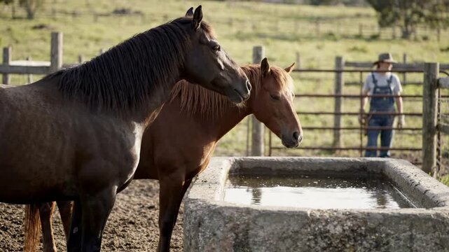 Two horses drinking water at a stone trough on a sunny farm with a farmer in the background, rural agricultural lifestyle scene