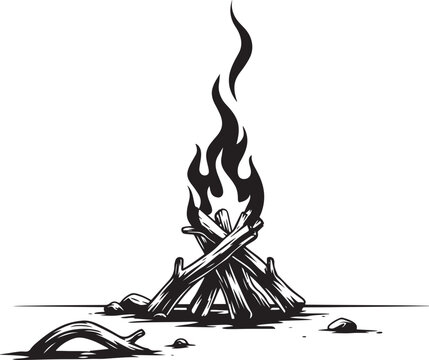 Campfire, burning wood pile with flames and smoke silhouette 