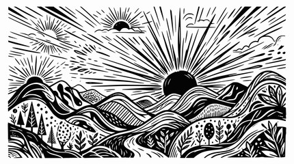 Monochromatic Landscape Sunrise Over Rolling Hills and River Valley, Woodcut Style © illustration 