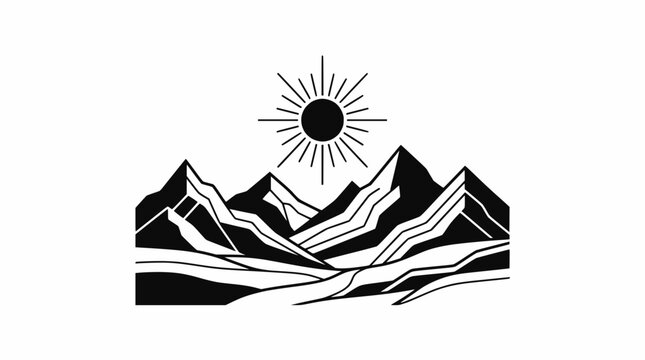 Minimalist mountain range illustration with sunburst, black and white.