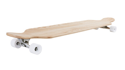 Longboard skateboard with natural wood grain deck and white wheels © Paula