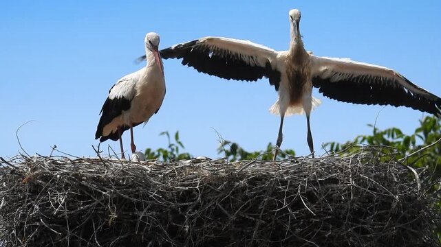 An adult stork with its young baby storks stands in the nest