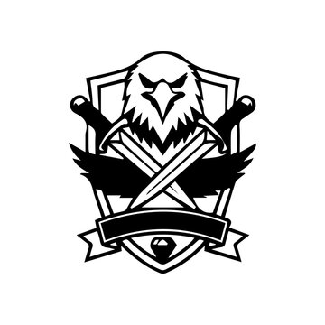 Sharp bird wing emblem with crossed swords detail.