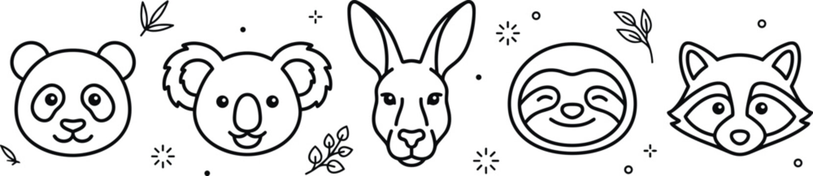 Cute animal face outline icon collection featuring panda koala kangaroo sloth and raccoon cartoon vector illustration set