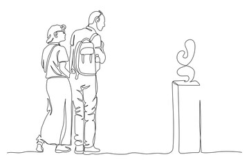 Obraz premium Couple woman and man with backpack looking at item in museum. Continuous black line drawing. Vector illustration in line art style. Editable stroke.
