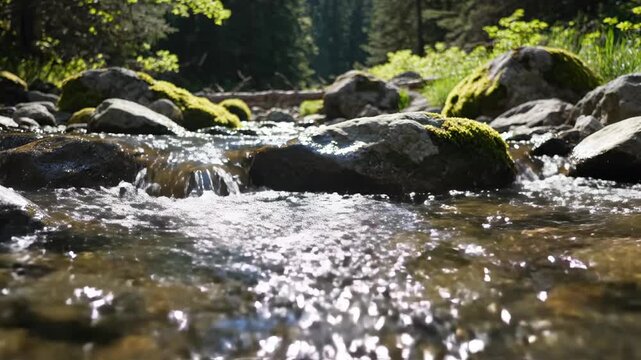 Clear stream flows over rocks in a forest during a sunny day in spring
