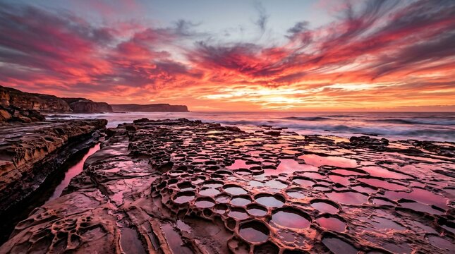 Stunning colorful sunset over a rocky coastline featuring unique circular tidal pools reflecting the vibrant sky.