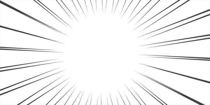 Comic manga radial lines with speed effect for comics book. Black and white explosion background. Flash ray blast glow. Vector frame