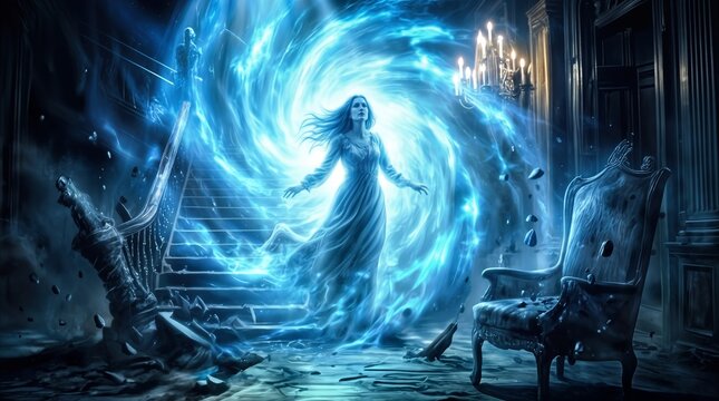 Ghostly apparition emerging from glowing blue energy vortex in dark gothic mansion. Supernatural entity floating near grand staircase in haunted house interior.
