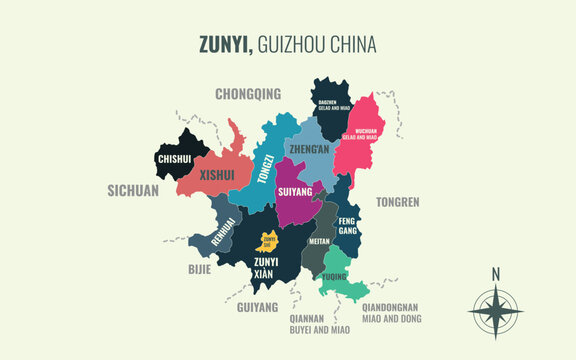 zunyi guizhou Prefacture into County in a minimalist colorful style map showing