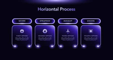 Naklejka premium Purple Tech Infographic Template with Icons and Gradient Diagram, 4 Step Vector Workflow Layout for Presentations Banners, Flowcharts, Business Reports, UI Design Assets, Modern Digital Style Pack Pro