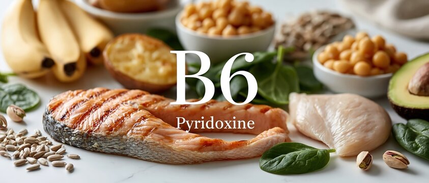 Boost vitality with natures best B6 sources. Grilled salmon, chicken, spinach, chickpeas, banana, avocado, and seeds arranged for clean wellness editorial use.