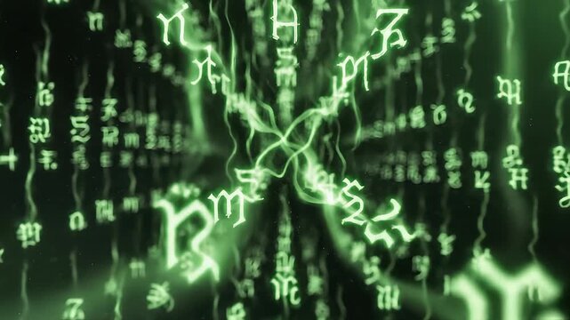 Green glowing astrological zodiac symbols floating in dark digital matrix, mystical spiritual background, ethereal nebula flowing energy, esoteric horoscope science