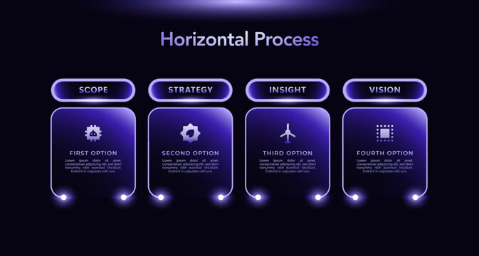 Purple Tech Infographic Template with Icons and Gradient Diagram, 4 Step Vector Workflow Layout for Presentations Banners, Flowcharts, Business Reports, UI Design Assets, Modern Digital Style Pack Pro