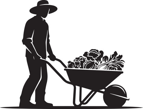 Silhouette of a farmer pushing a wheelbarrow