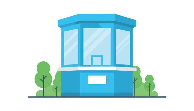 Bright blue hexagonal ticket booth with glass windows and service counter situated in park setting with green trees for public information.
