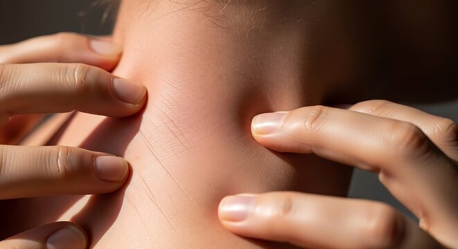 Close-up of a persons hands gently touching and massaging their neck, possibly due to discomfort or relaxation.